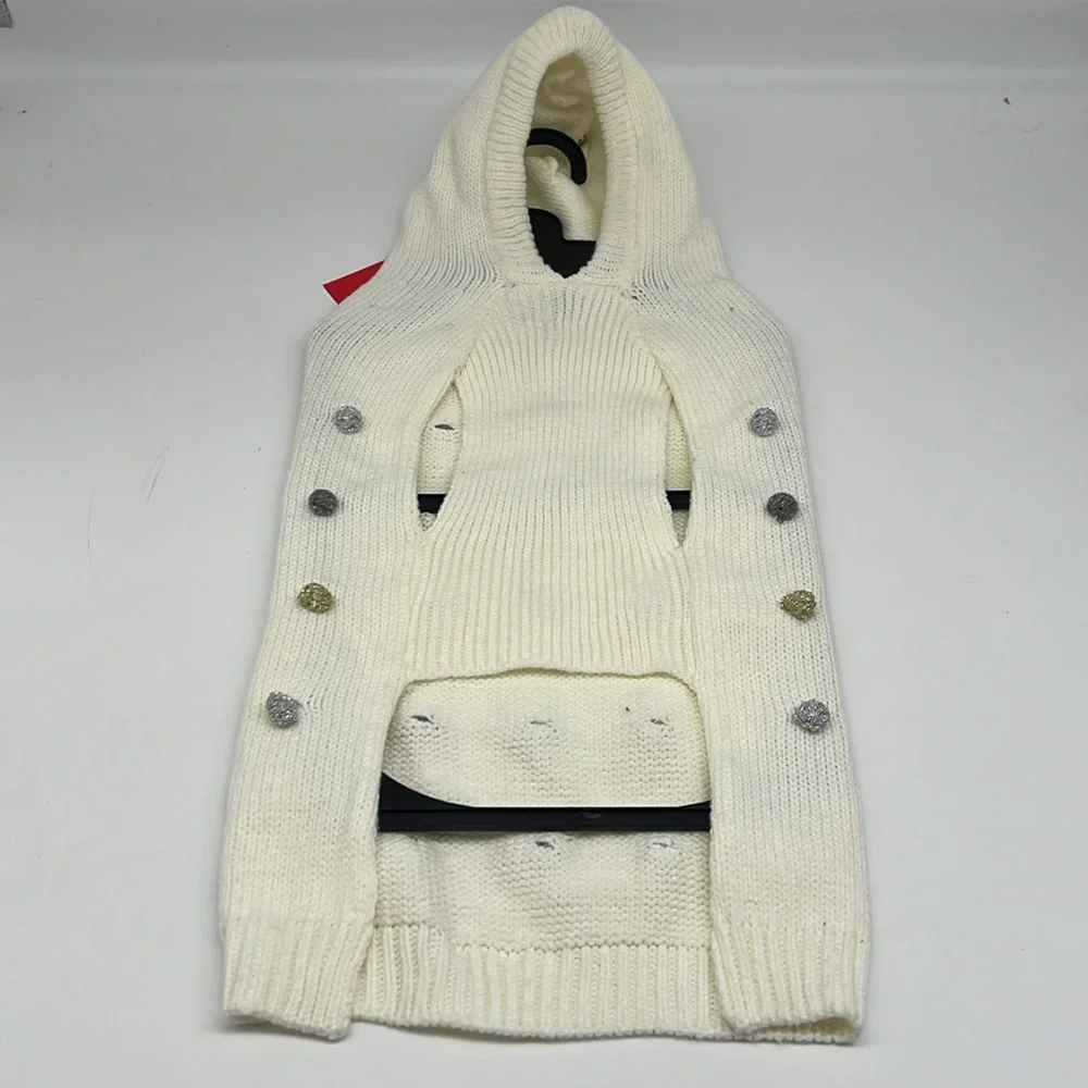 Martha Stewart Cram Ivory‎ Dog Sweater Metallic Pom Pom Hooded Festive Large